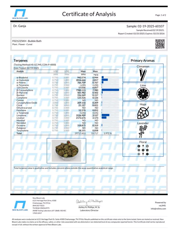 Bubble Bath Terpenes Certificate of Analysis