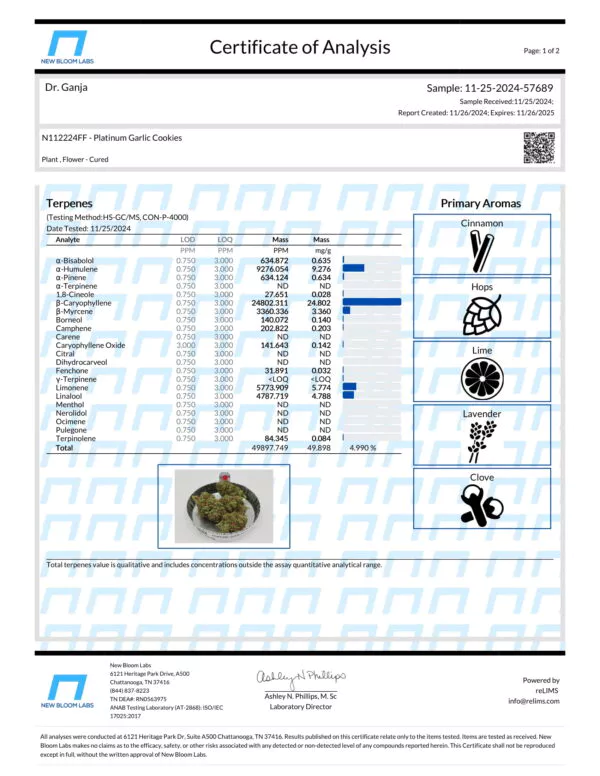 Platinum Garlic Cookies Terpenes Certificate of Analysis