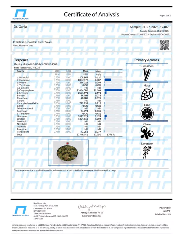 Canal St. Runtz Smalls Terpenes Certificate of Analysis