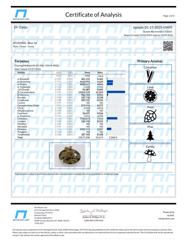 Blue 16 Terpenes Certificate of Analysis