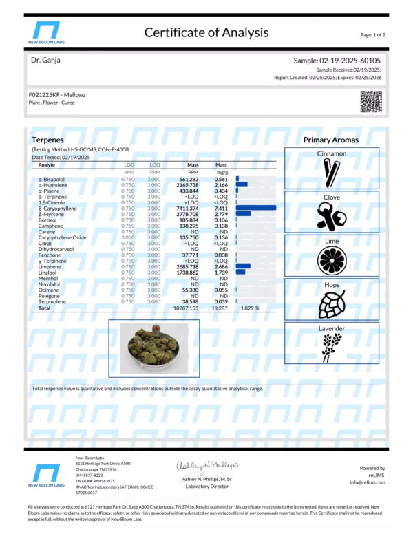 Mellowz Terpenes Certificate of Analysis