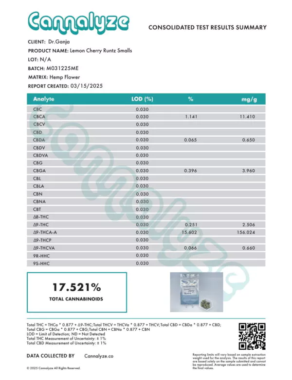 Lemon Cherry Runtz Smalls Cannabinoids Certificate of Analysis